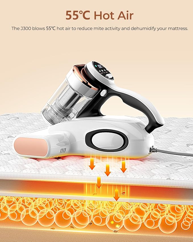 Bed Vacuum Cleaner with Dust Sensor, Mattress Vacuum Cleaner with UV & Ultrasonic and High Heating, 13Kpa Suction 500W Powerful Double-Cup Handheld Vacuums (J300, Corded)
