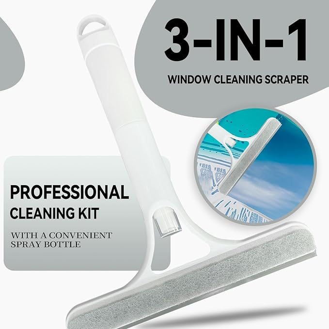 3 in 1 Window Cleaning Scraper,All-Purpose Spray Window Squeegee Cleaner Tool,for Glass Doors for Windows Glass, Mirrors Scraper, Brush (White)
