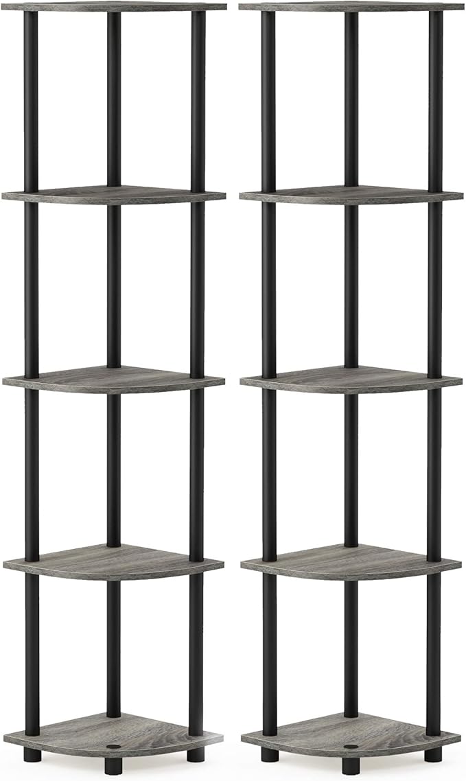 Furinno TURN-N-TUBE Corner Shelf Set of 2, 5-Tier Corner Bookshelf, Open Storage Shelves, for Organization and Storage, Living Room, Home Office, Garage, French Oak