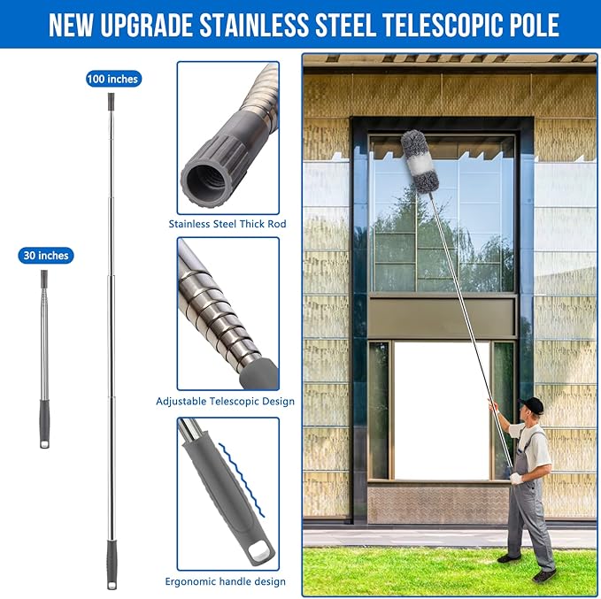 Microfiber Feather Duster Kit with Extension Pole (30–100") – Bendable Washable Heads, Extendable Dusters for Cleaning Ceiling Fan, High Ceiling, Blinds, Furniture & Cars (5 Pcs)