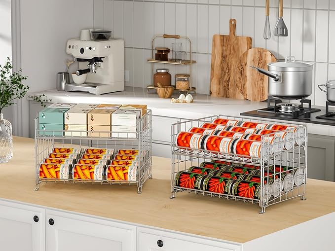 JKsmart 2-Pack Stackable Can Rack Organizer, Can Storage for Kitchen Pantry Cabinet, Can Holders for Food, Multifunctional Can Dispenser for Snacks Soda, Silver