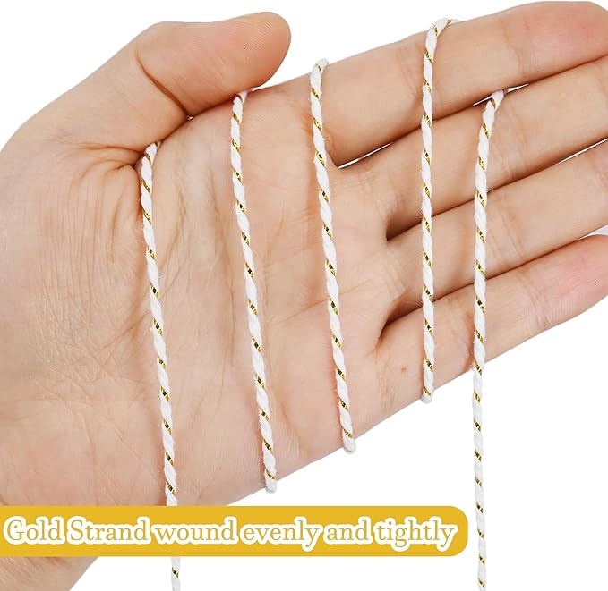 Leecogo Cotton Twine Gold and White Baker String 2mm Thick 328 Feet Christmas Twine for Gift Wrapping DIY Crafts Home Party Decoration Gardening