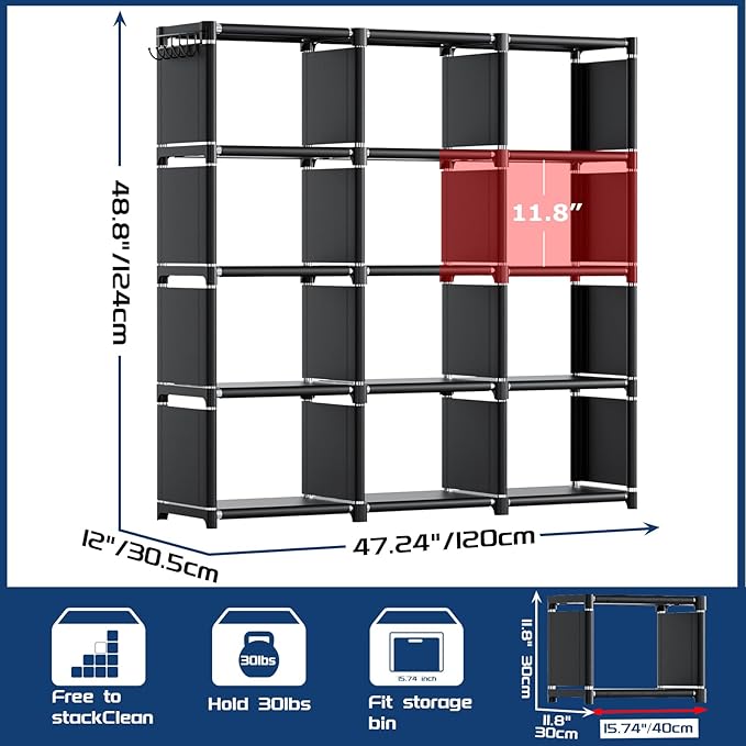 Mavivegue Book Shelf, 12 Cube Storage Organizer, DIY Bookcase, Metal Cube Bookshelf, Cubbies Closet Storage Organizer Shelves for Bedroom,Living Room,Home,Office