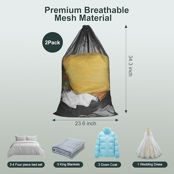 Large Mesh Laundry Bag for Travel: 2 Pack 23 x 34 Inches Heavy Duty Hamper Liner Bags - Washable Laundry Drawstring Bag for College, Dorm, Family and Apartment Dwellers, Black