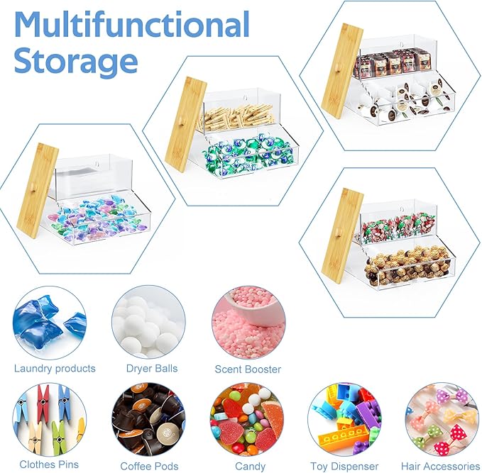 JYPS Laundry Pods Container&Dryer Sheet Holder 2in1.Transparent Acrylic Double-Layer Storage Box With Bamboo Lid. The Large Capacity Design Makes It Easy To Store And Organize Your Belongings Neatly