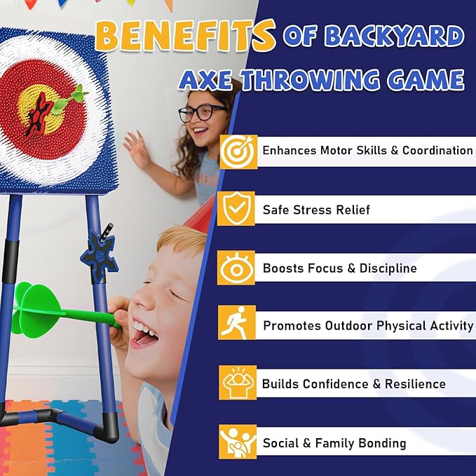 Axe Throwing Game for Backyard - Steel Frame Ax Throw Kit for Kids & Adults - Bristle Target with 6 Throwing Axes Set & Travel Bag - Outdoor/Indoor for Kids & Families Yard Carnival Games