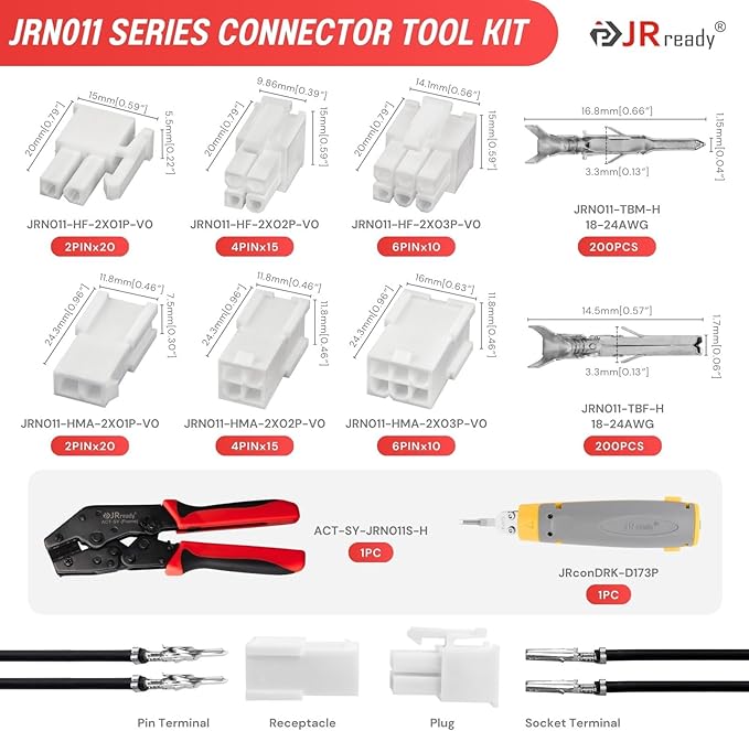 JRready ST6546 Mini-Fit Jr. 2 4 6 Pin Molex Connector Kit Crimping Tool 4.2mm Pitch Power Wire Connectors Receptacle Plug Housing 18-24AWG Terminals with Crimper Pin Extractor Tool