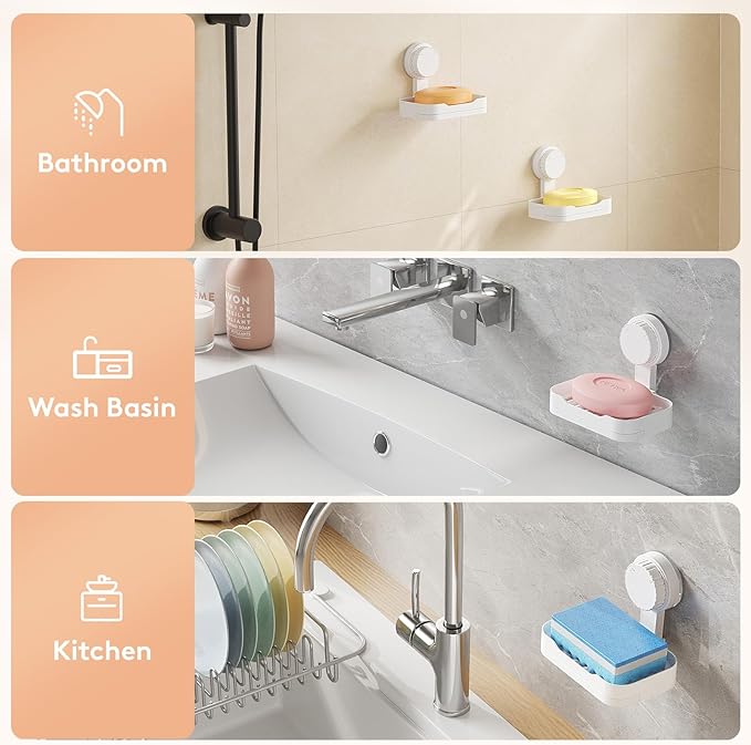 Lifewit Suction Cup Soap Dish for Shower, 1 Pack Drainable Soap Holder for Bathroom Kitchen Wall, NO-Drilling Removable Bar Soap Sponge Rack for Glass Window Strong Vacuum Suction Anti-Drop, White