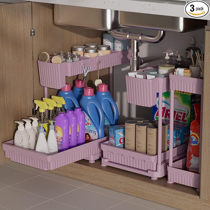 3 Pack Multi-Purpose Under Sink Organizers and Storage, 2025 L-Shaped Pull Out Cabinet Organizer for Bathroom & Kitchen, Under Cabinet Organizer with Hooks Hanging Cup, Pink, Elevated