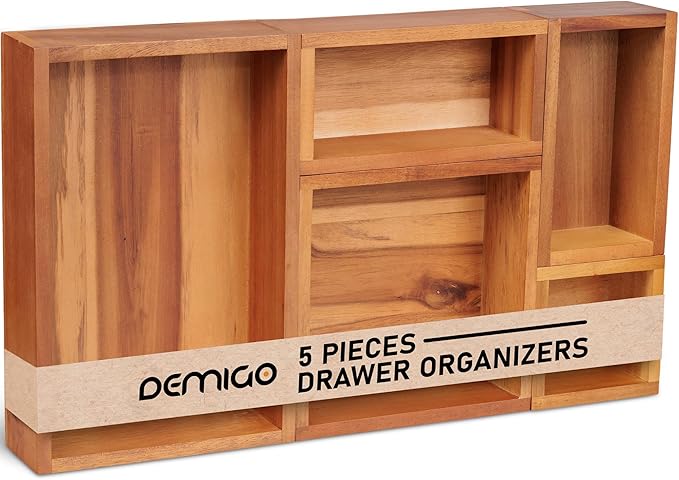 Demigo Acacia Drawer Organizer Set of 5, Cabinet Container Box, Wood Bin Set in Varied Sizes, Dividers Holder for Storage Cooking Utensils Spices Tea Bags Foods Office Items (Brown)