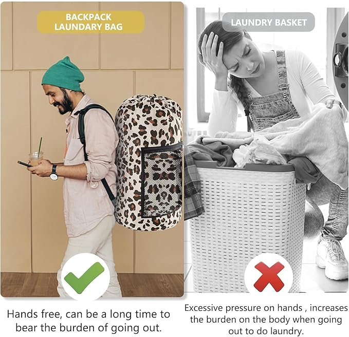 Laundry Bag Backpack, 2PCS Extra Large Travel Laundry Bag with Mesh Pocket & Adjustable Shoulder Straps,Dirty Clothes Travel Bag for College Students Dorm,Apartment(Leopard Print)