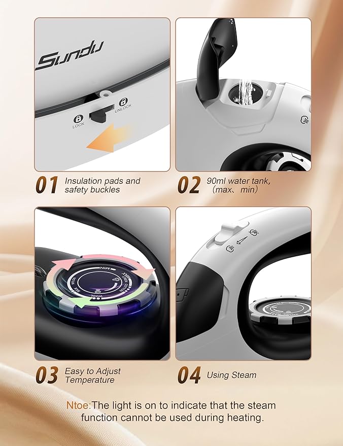 Sundu Small Iron for Clothes with Steam,Travel Iron Portable Non-Stick Soleplate Steamer for Quilting & Sewing,300 Microsteam Holes,90ml Water Tank,Lockable Safety Base