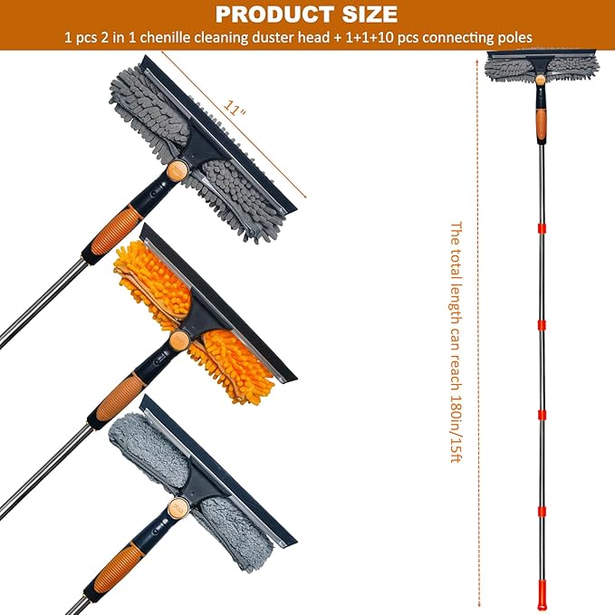 20 ft+ Reach Squeegee Window Cleaner Duster 2 in 1 Rotatable Window Cleaning Tool Kit with 3-14 ft Extension Pole, Window Washing Equipment for Indoor Outdoor Window Car Glass - 3 Pads