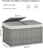 Storage Basket with Lid Rattan, Woven Storage Baskets with 2 Separate Lids, 17.2 Gallon (65 L), 22.2 x 13 x 13.8 Inches, Foldable, 2 Removable Liner Bags Handles for Bedroom, Laundry Room Gray