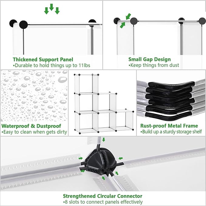 C&AHOME Cube Storage Organizer, 6-Cube Shelves Units, Closet Cabinet, DIY Plastic Modular Book Shelf, Ideal for Bedroom, Living Room, Office, 36.6" L x 12.4" W x 36.6" H Translucent White SBTM3506A