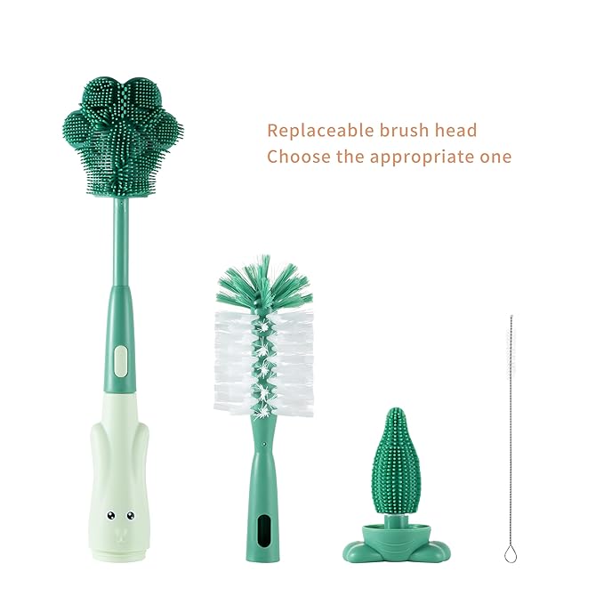 Cup Cleaning Brush, Silicone Baby Bottle Brush with Stand, Large Handle Water Bottle Brush Cleaner Set, with a Tiny Cup Lid Gap Cleaning Brushes Kit, Pawprint, Green