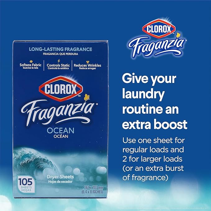 Clorox Fraganzia Fabric Softener Dryer Sheets, Wrinkle Reducing and Anti Static Laundry Dryer Sheets for Great Smelling Clothes, Softens Fabrics, Fresh Ocean Scent, 105 Count - 6 Pack