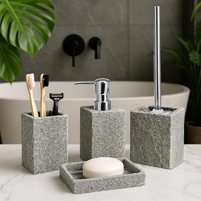 Bathroom Accessories Set - Soap Dispenser, Toothbrush Holder, Soap Dish, Toilet Brush & Toilet Brush Holder - Grey Stone Bathroom Accessories Set - Modern Bathroom Organizer Set (Silver)