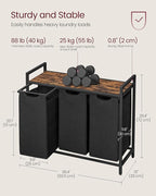 VASAGLE Laundry Hamper, Laundry Basket, Laundry Sorter with 3 Pull-Out and Removable Bags, Shelf, Metal Frame, 3 x 10.6 Gallons (40 L), 36.4 x 13 x 28.4 Inches, Ink Black and Rustic Brown UBLH301B01