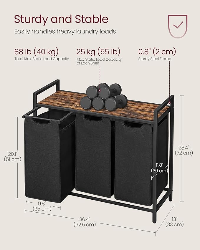 VASAGLE Laundry Hamper, Laundry Basket, Laundry Sorter with 3 Pull-Out and Removable Bags, Shelf, Metal Frame, 3 x 10.6 Gallons (40 L), 36.4 x 13 x 28.4 Inches, Ink Black and Rustic Brown UBLH301B01