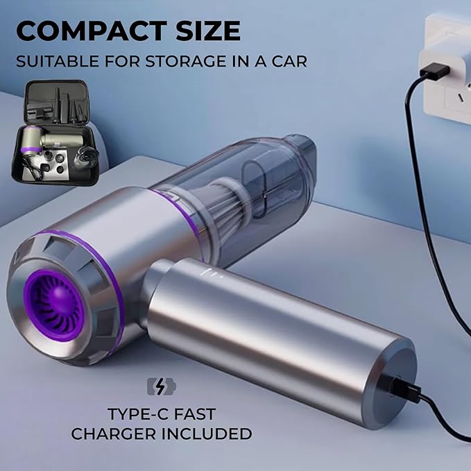 Cordless Handheld Vacuum & Air Duster – 4 in 1 Mini Portable 18000PA, Brushless Car Vacuum Cleaner, Blower & Inflator for Home, Office & Travel – Purple