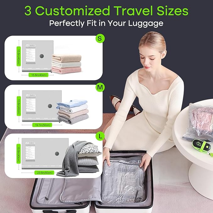 Vacbird Vacuum Bags for Travel with USB Electric Pump, 15 Pack Carry-on Size Compression Packing for Luggage and Suitcase, Space Saver Bags for Clothes and Clothing Travel