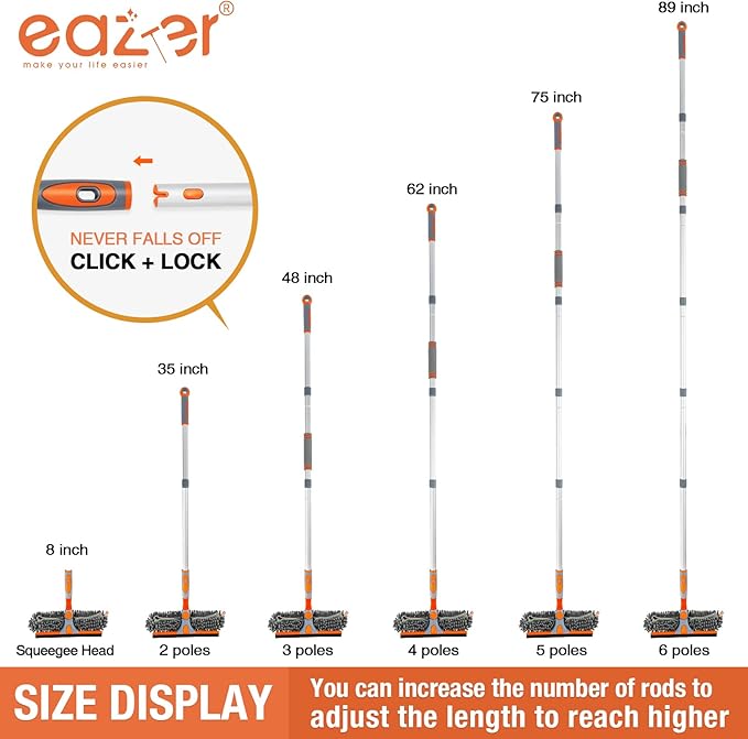 Eazer 89'' Squeegee Window Cleaner 2 in 1 Rotatable Window Cleaning Tool Kit with Extension Pole, Window Washing Equipment with Bendable Head for Indoor/Outdoor Window and Car Glass