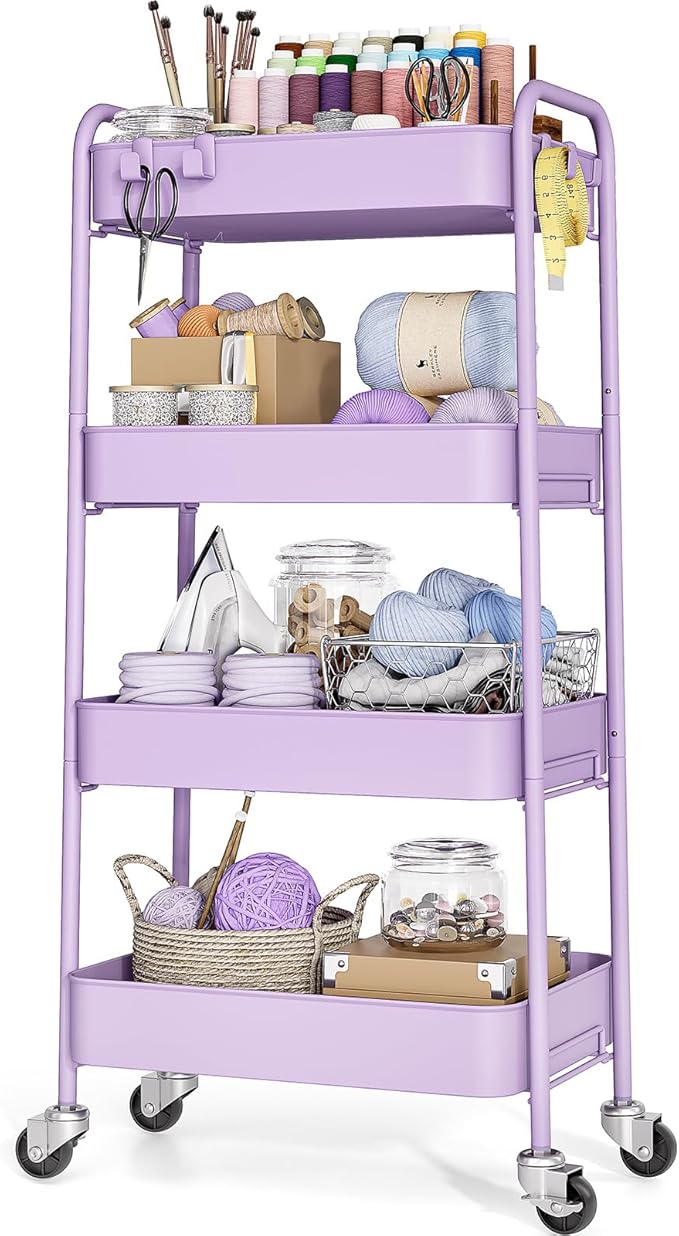 TOOLF 4-Tier Metal Rolling Cart with Wheels, Storage Utility Organizer Cart for Kitchen, Bathroom, Office, Baby Essentials & Makeup - Lockable Casters, Easy Assembly, Large Capacity, Purple