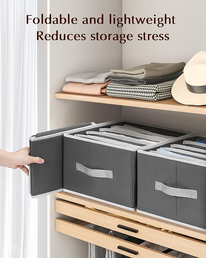 Clothes Organizers and Storage - Fabric Jeans Organizer with Handles, Foldable Drawer Dividers for Clothes, Closet Shelf Organizer for Shirts, Bra, Sweater, Scarf, 4 Pack, Dark Grey