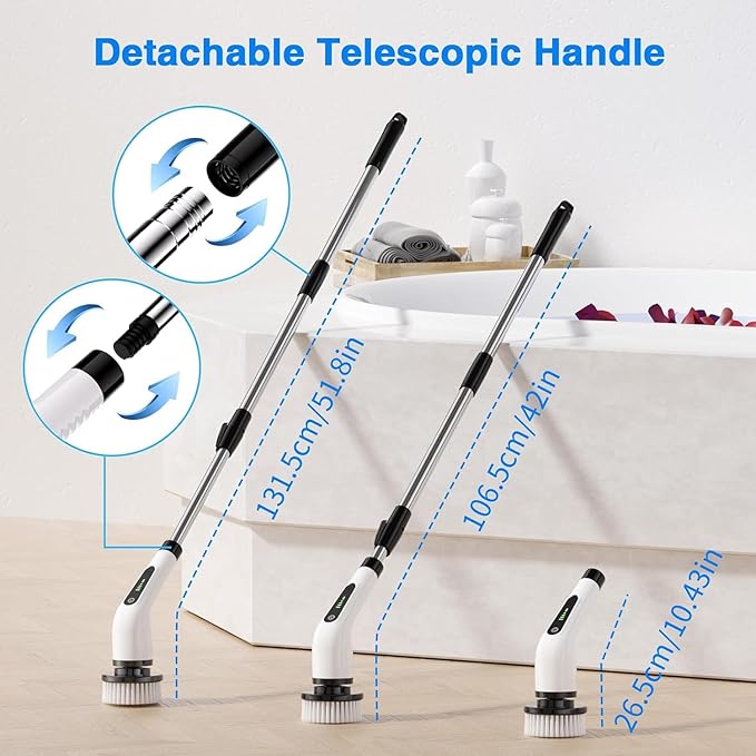 Electric Spin Scrubber, Full Body Waterproof Cordless Cleaning Brush with 7 Replaceable Brush Heads Power Scrubber Shower Adjustable & Detachable Handle for Bathroom, Tub, Tile, Floor, Car