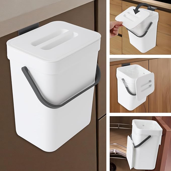 Compost Bin Kitchen, Bring 5 Rolls (100) of Garbage Bags, for Use on Countertops or Under Sinks, Hanging Trash Can with Lid, for Cupboard/Bathroom/Bedroom/Office/Camping(White 0.8 Gallon/3L)