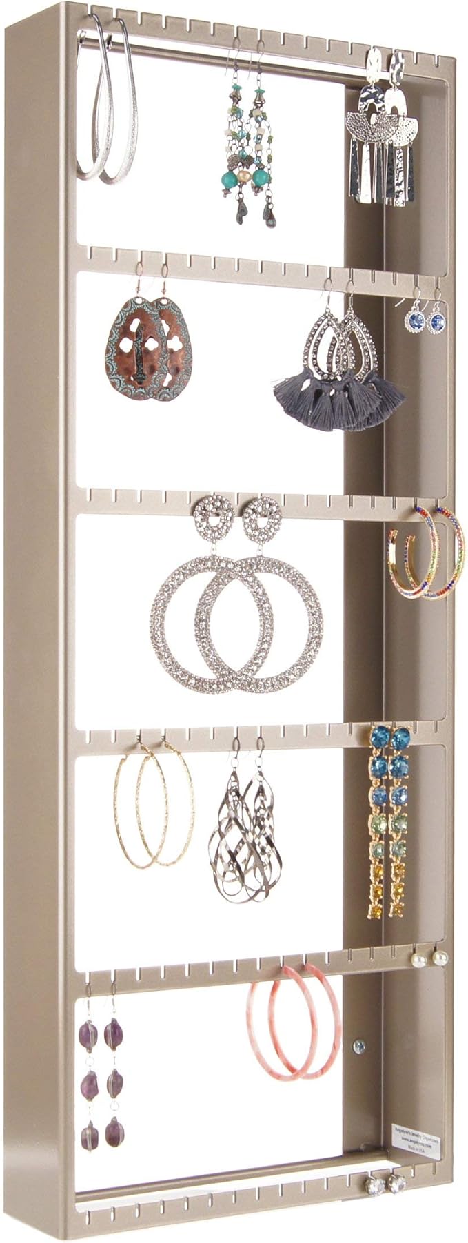 Angelynn's Wall Mounted Big Earring Holder Organizer Display Women Long Post Stud Large Dangle Hoop Pierced Earrings, Hanging Closet Jewelry Storage Rack, Jennifer Satin Nickel Silver 9"x23"