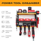 Power Tool Organizer - Wall Mount Storage for Garage Organizes 4 Cordless Drills & Tools - Easy Assembly Heavy Duty Rack has Pegboard Sides Shelves & Hooks - Neatly Holds Screwdrivers & Drill Bits
