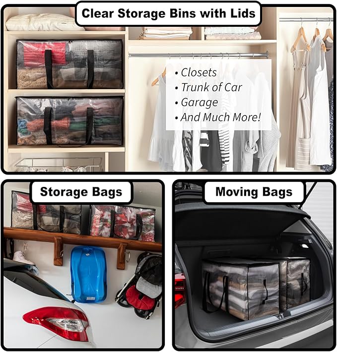 ClearSpace Oversized Moving Bags or Storage Bag – Large Moving Boxes with Backpack Straps, Zippers & Handles – Heavy-Duty Packing Bags for Moving, College Dorm, Christmas Decorations, 6 Pack