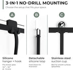GÜTEWERK Silicone Shower Squeegee for Glass Doors & Mirrors with Stainless Steel Core, Streak-Free & No-Squeak Window Cleaning, 3-in-1 No-Drill Mount (Hook/Suction/Adhesive),Black, 15 Inches