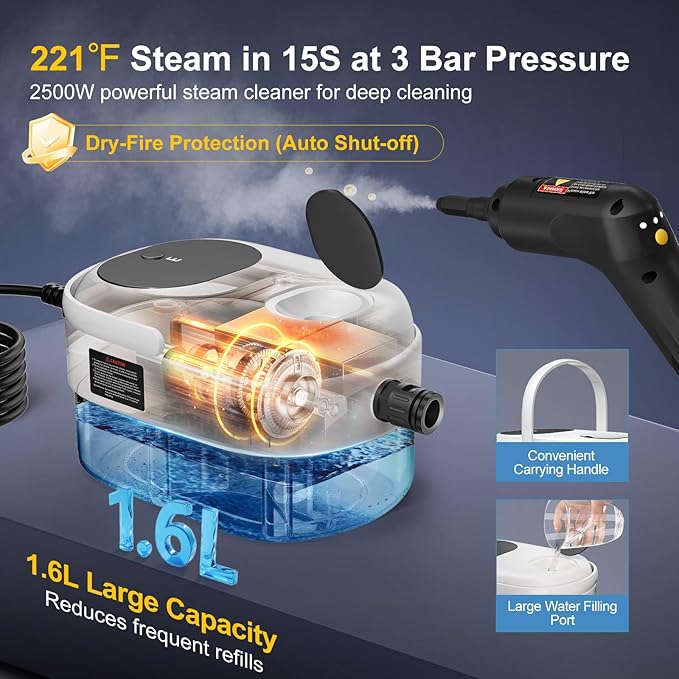 Handheld Steam Cleaner with Handle Button Control, 2500W High Pressure Steamer for Cleaning, 3-Level Adjustable, 15s Heat-Up, 1.6L Water Tank, Portable Steam Cleaning Machine for Home Car Dirt Grease