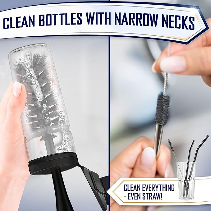 Dish Brush Set of 4 with Bottle Water Brush, Dish Scrub Brush, Scrubber Brush and Straw Brush - Kitchen Scrub Brushes Ergonomic Non Slip Long Handle for Cleaning Cleaner Wash Dish Sink Dishes Cup Pot