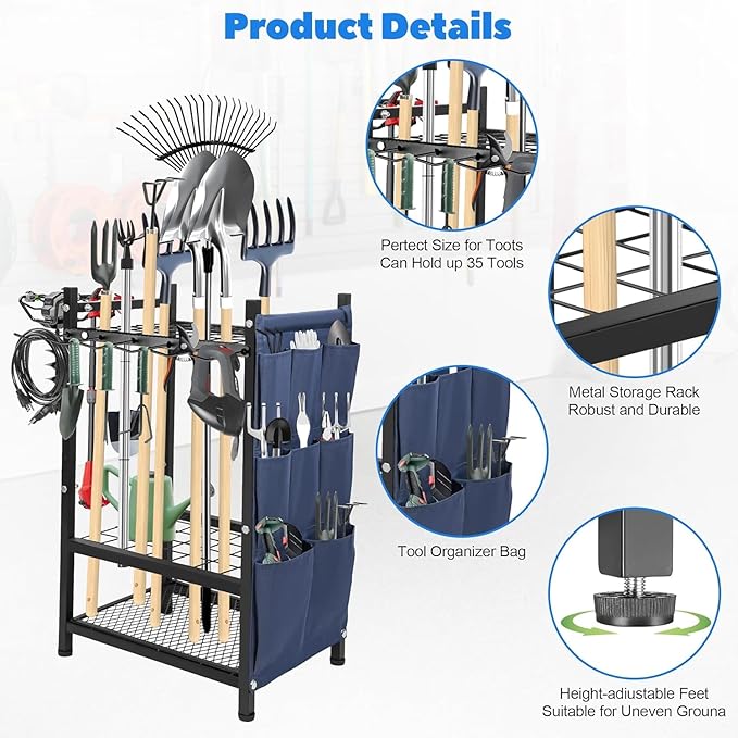 3-Tier Garden Tool Organizer Rack, Heavy Duty Metal Yard Tool Stand for Garage, Shed, Outdoor, Holds Up to 50 Long-Handled Tools, Rakes, Brooms, Shovels