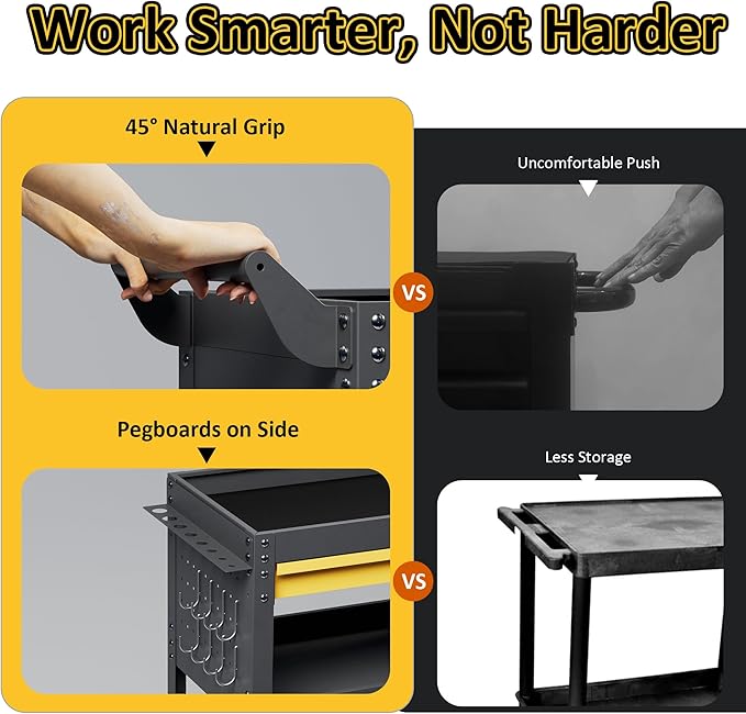 3 Tier Rolling Tool Cart on Wheels, Heavy Duty Utility Cart, Work Cart with Drawers and Pegboards, 440 LBS Loading Capacity Tool Storage Trolley for Mechanic, Garage, Workshop