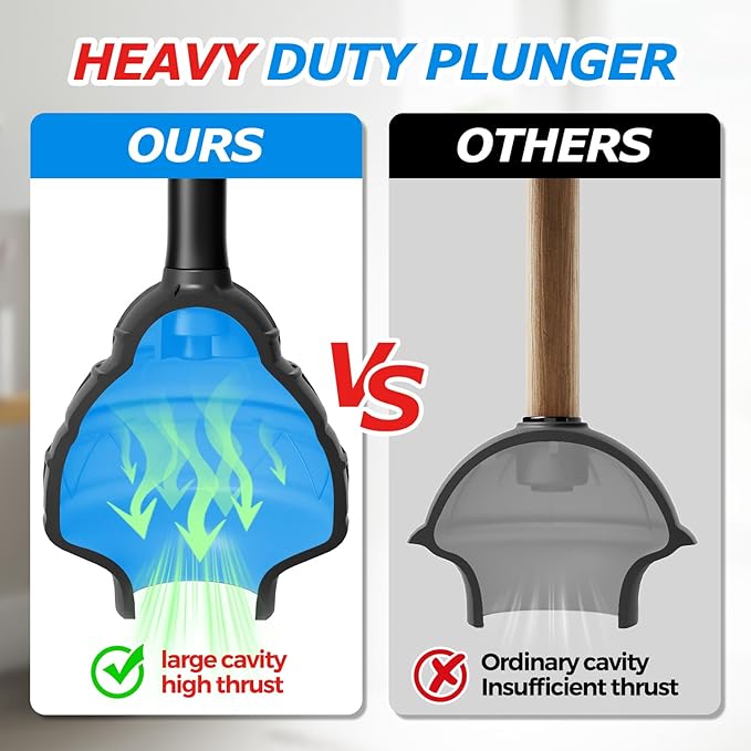 Heavy Duty Toilet Plunger - Powerful Clog Removal,Plungers for Bathroom,Bathroom Accessories,Cleaning Supplies,Home Essentials,Bathroom Decor,Toilet Bowl Cleaners,Black