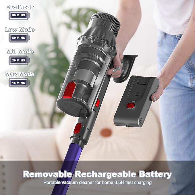 Cordless Vacuum Cleaner, Vacuum Cleaners for Home, 50KPA 500W Stick Handheld Pet Hair Hardwood Floor Vac, High Power Hand Held Rechargeable Battery Portable Household Lightweight Vac, C11 Purple