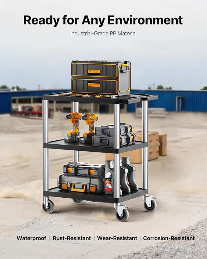 VEVOR Utility Cart, 300 lbs Load Capacity, 27.6 x 18.1-inch Service Cart, Three-Shelf Heavy Duty Plastic Utility Cart with 360° Swivel Wheels (2 with Brakes), Suitable for Warehouse, Garage, Cleaning