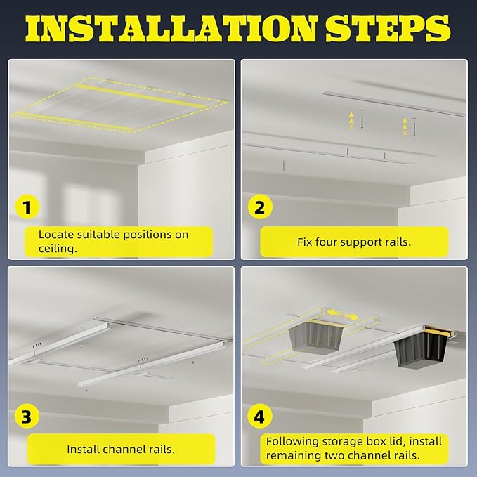 Overhead Garage Storage Rack Extra Large-Organizes Up to 15 Tote Bins 0.1-inch Thickened Heavy Alloy Steel Garage Tote Storage System with Adjustable Rails-Ceiling Storage Rack