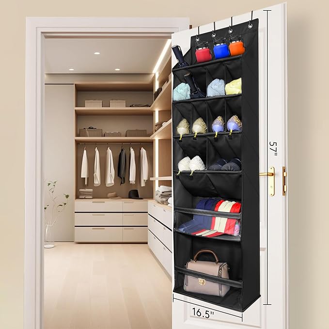 Over The Door Shoe Organizer, Hanging Shoe Rack with Extra Large Deep 16 Pockets, Wall Shoe Storage for Closet and Narrow Door, Hanging Shoe Organizer, RV Storage and Organization, Black