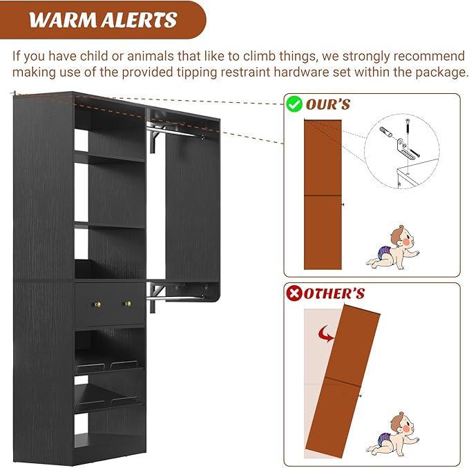 [10 FT Closet System] 120 Inch Reversible Set of 2 Wood Closet Organizer System with 2 Drawers, 4 Hanging Rods Adjustable Shelf, Walk In Closet Organizers with Shoe Rack, Garment Rack, Black