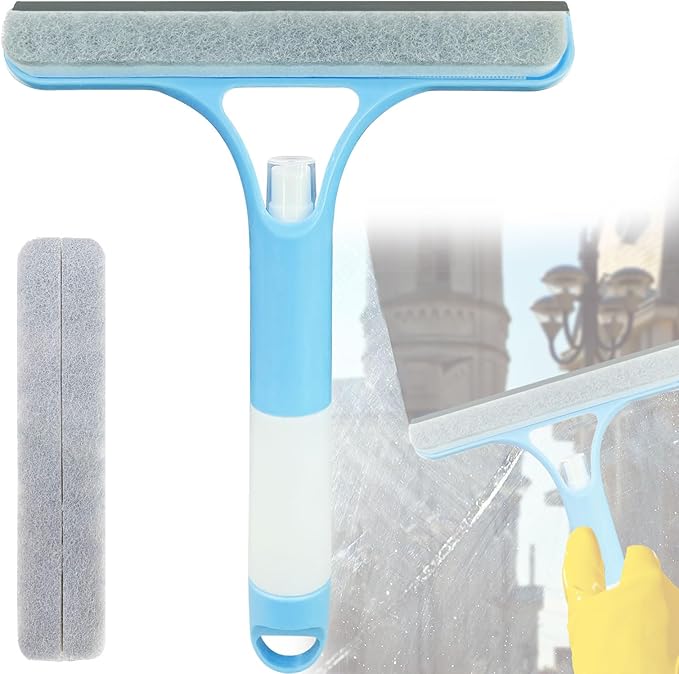 3 in 1 Window Cleaning Scraper,All-Purpose Spray Window Squeegee Cleaner Tool,for Glass Doors for Windows Glass, Mirrors Scraper, Brush (Blue)