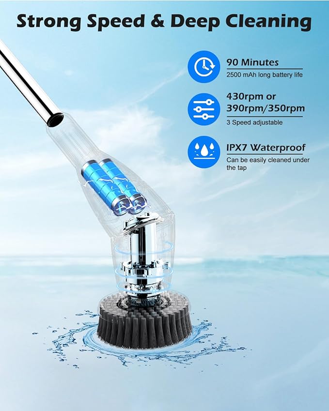 Electric Spin Scrubber Cordless Shower Cleaning Brush with 10 Replaceable Heads Powerful IPX7 Waterproof Bathroom Cleaner 3 Speeds Detachable Long Handle Voice Broadcast for Floor Car Kitchen