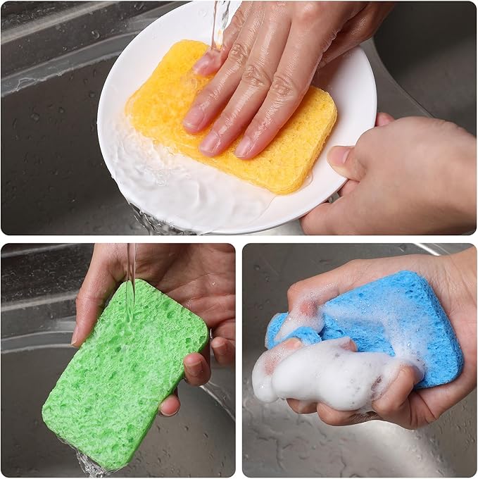 100 Pcs Kitchen Sponge Bulk Natural Sponges for Dishes Compressed Sponges Wood Pulp Cleaning Sponge Without Scratching for Kitchen Bathroom, 3.9 x 2.4 x 0.4 Inch (4 Colors)