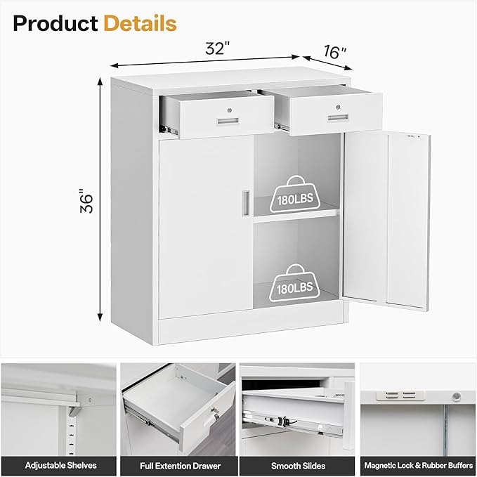 Metal Storage Cabinet with 2 Drawers 36" H,White Metal Garage Cabinets with 2 Lockable Doors and Adjustable Shelves Easy to Assemble for Home Office, Kitchen,Pantry,Garage,Warehouse
