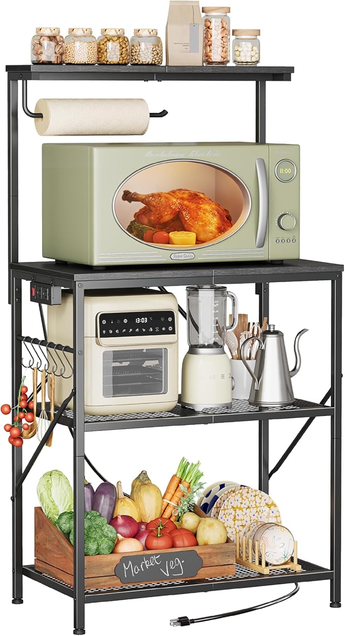 Huuger 4-Tier Bakers Rack with Reversible Power Outlet, 23.6 Inch Microwave Stand, Kitchen Bar, with Top Shelf, 6 S Hooks, Black